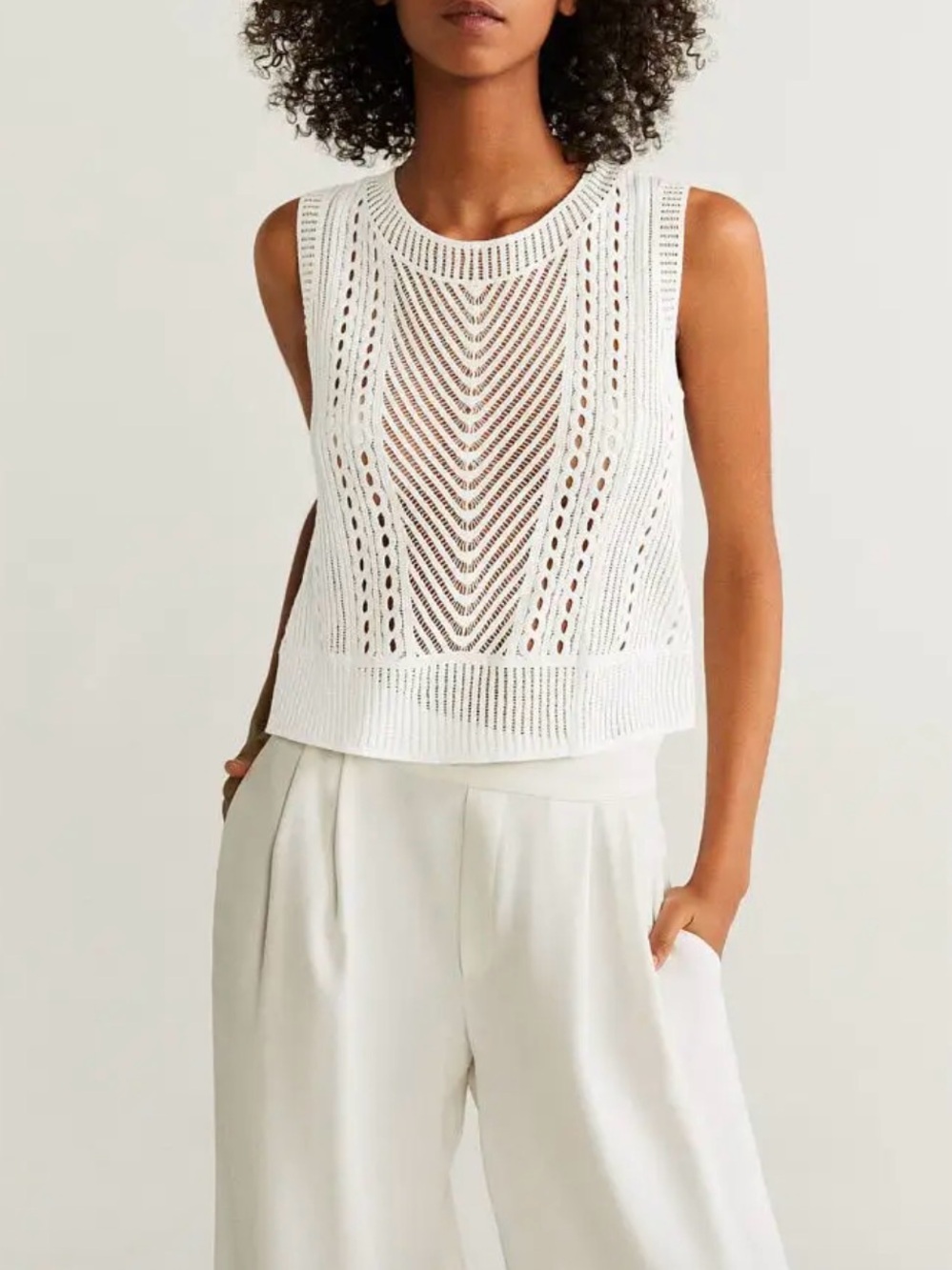 Mango White Openwork Crochet Lace Sleeveless Top Blouse XS